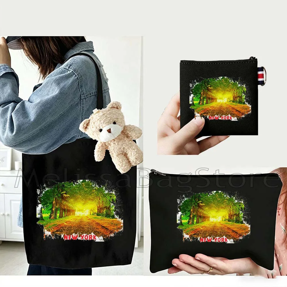 4PCS Gift Set New York City Black Canvas Tote Bag Handbag with Doll Key Coin Purse Cosmetic Makeup Toilet Bag Case Pouch