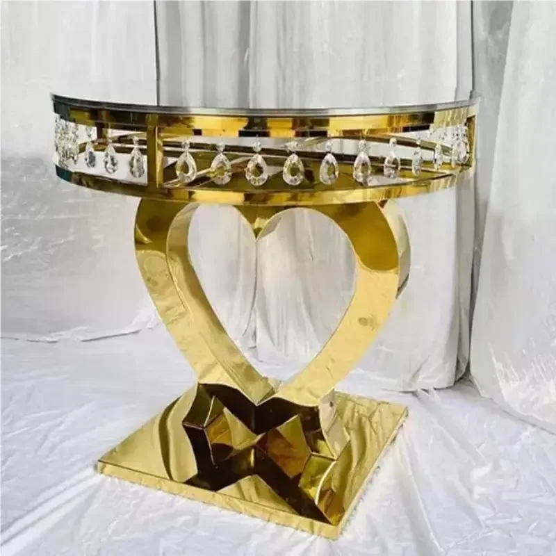 Luxury Heart Base Wedding Table Gold Stainless Steel Crystal Pendant Round Side Glass Mirror Top Cake Table Set