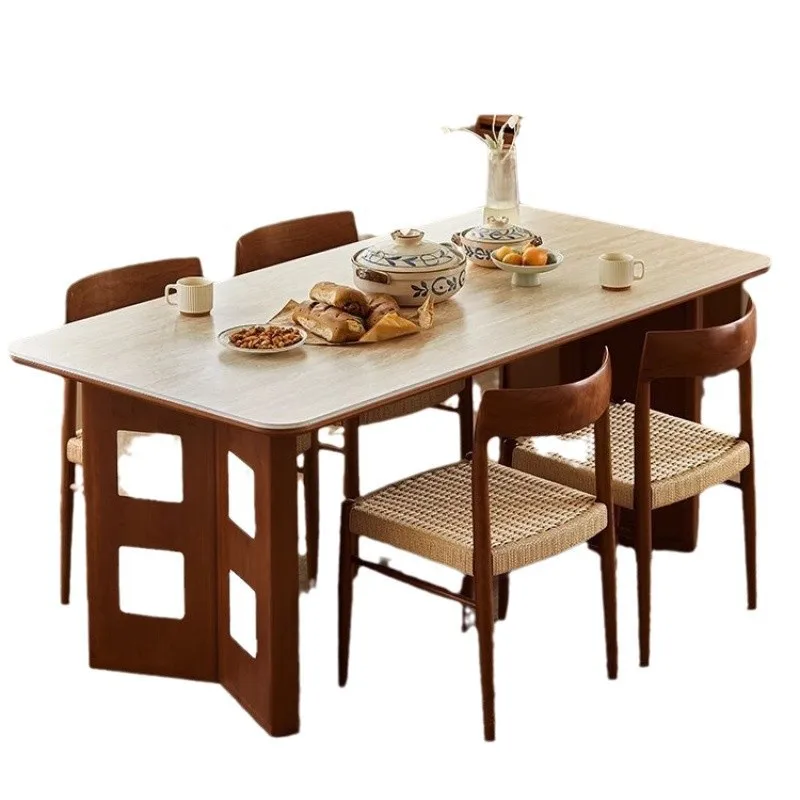 

Carmen cave stone dining table rectangular French retro medieval style rock slab solid wood Fan cream Fengshu desk