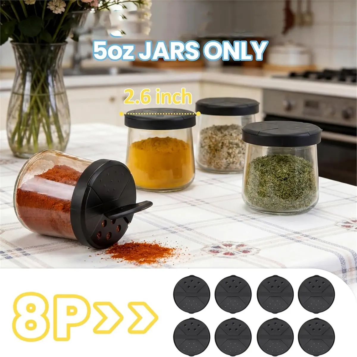 8pcs Spice Shaker Lids for Oui Yogurt Jars (5 Oz Jar)Adjustable Spice Shaker Lid Spice Dispenser Tops