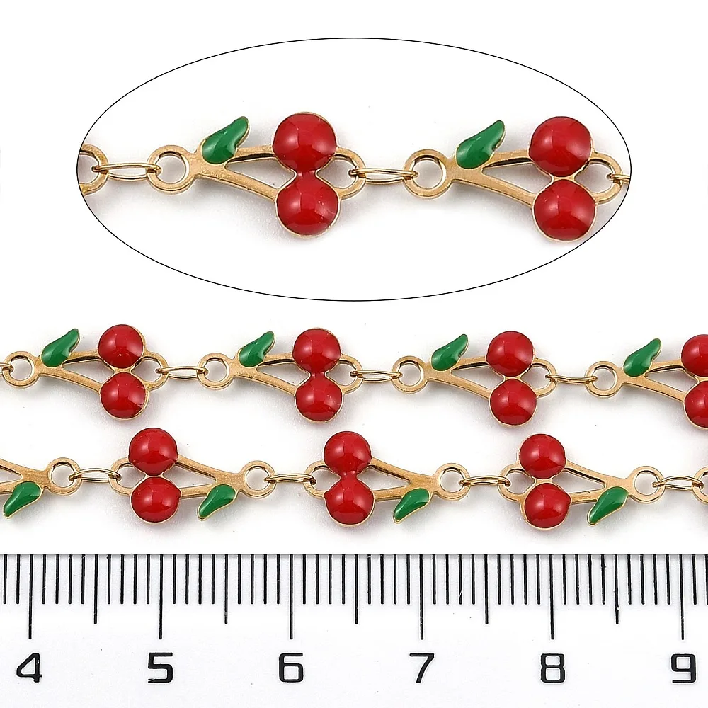 PandaHall 5m/roll IP 304 Stainless Steel Enamel Cherry Charm Chain, Soldered with Spool for Necklace Bracelet Jewelry Making