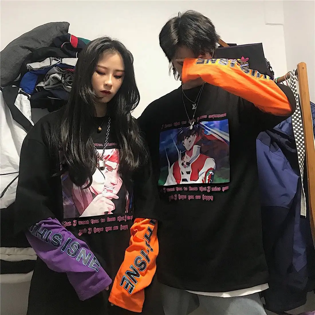 

Harajuku Premium Edition Print Letter T shirt Women Fake 2 Pieces Patchwork Casual Long Sleeve Female Streetwear Shirts Tops Men