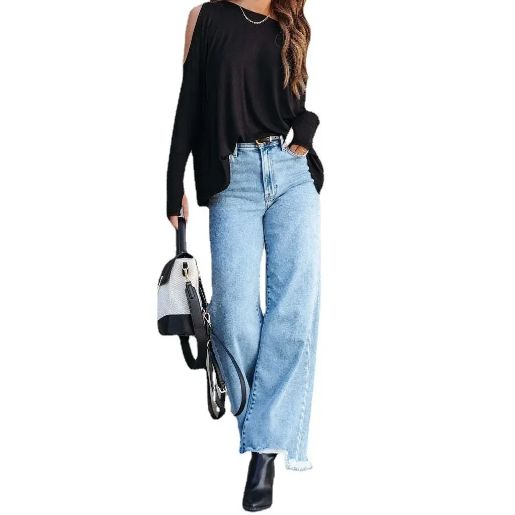 

Women Denim Tassel Wide Leg Pants Jeans Washing Loose Fit Mid Waist Pockets Zipper Fly Solid Color Ankle Length Pants Basics