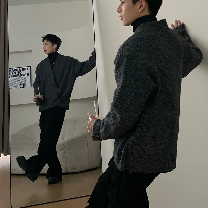 2024 아메리칸 스타일 루즈핏 남성 니트 스웨터 V넥 가디건 캐주얼 만능 레이지 패션 가을 아우터