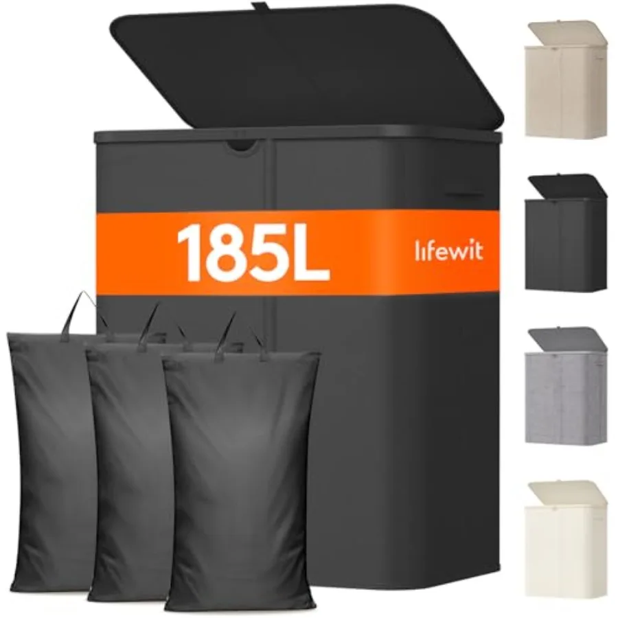 

Большая корзина для белья на 185 л с 3 отделениями, пластиковая, с крышкой, бамбуковыми ручками и съемными мешками, высокая, складная