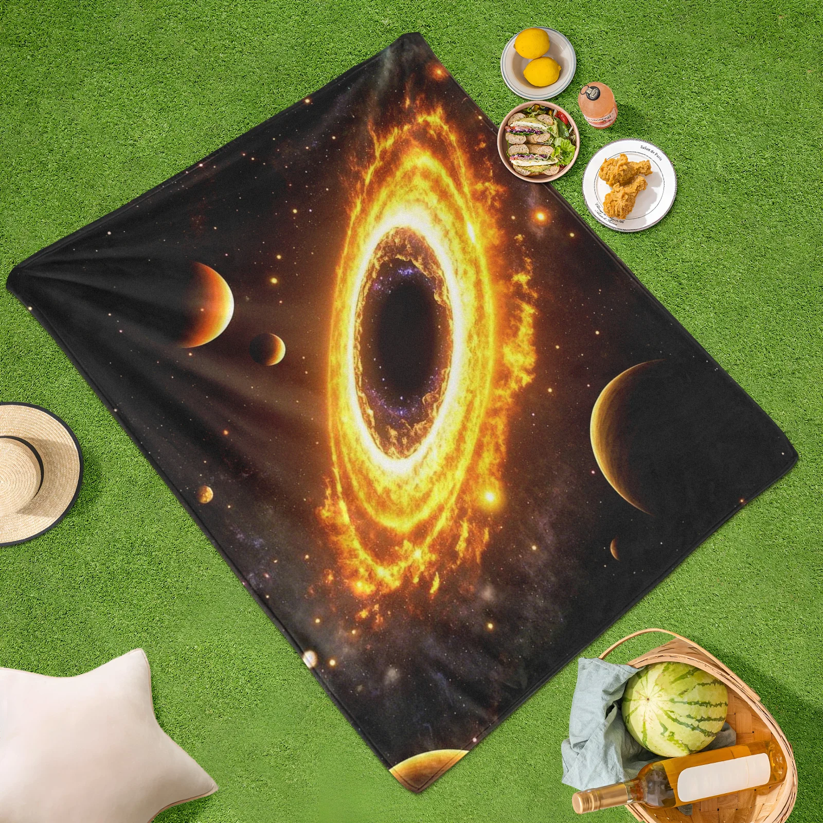 Galaxy And Yellow Planet Sci Fi Universe Themed Outdoor Blanket For Stargazing And Cosmic Exploration Under The Night Sky