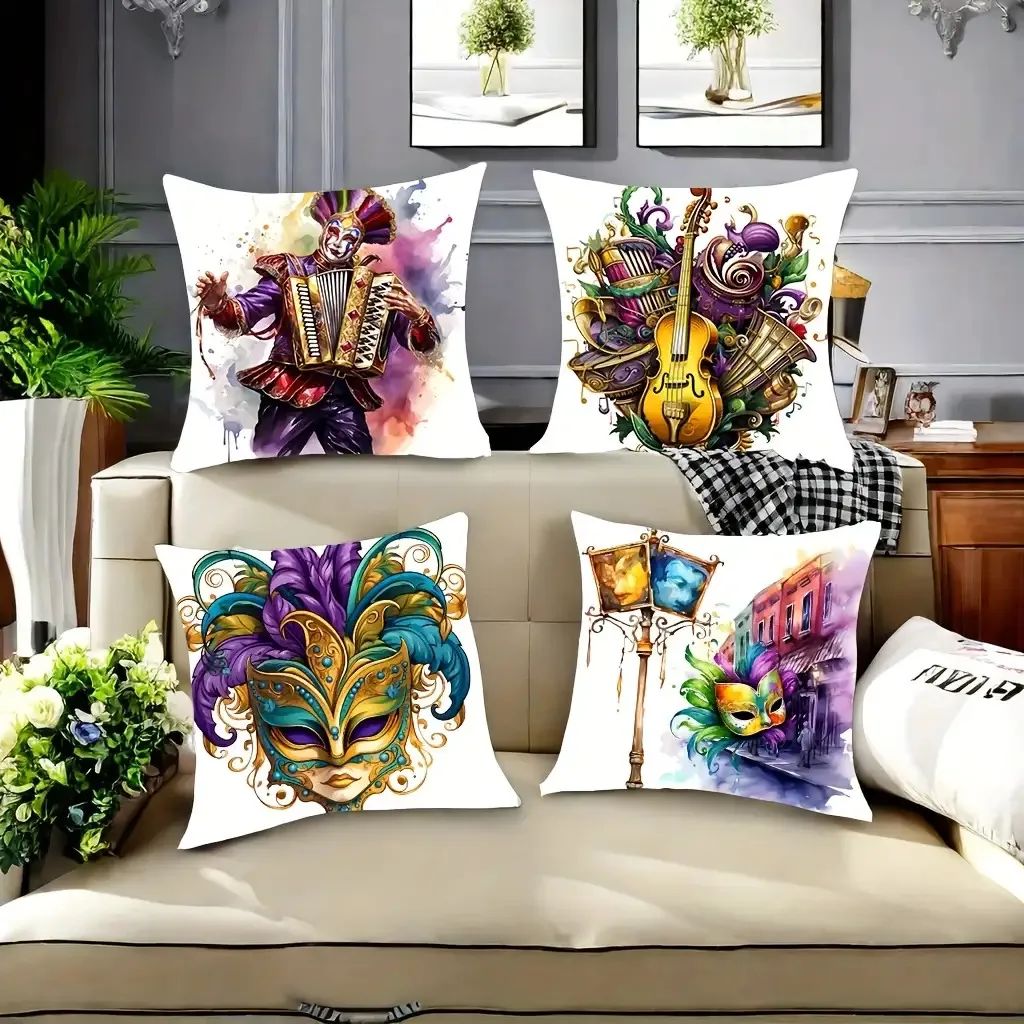 

4pcs Traditional carnival theme double-sided Printed Short plush Suitable living rooms bedrooms sofas zippered closure