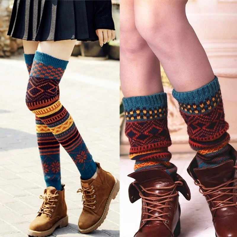 Boho Women Winter for Extra Long Leg Warmers Multicolor Geometry Pattern Boot Cuffs Jacquard Crochet Knit Thigh Soc Dropshipping