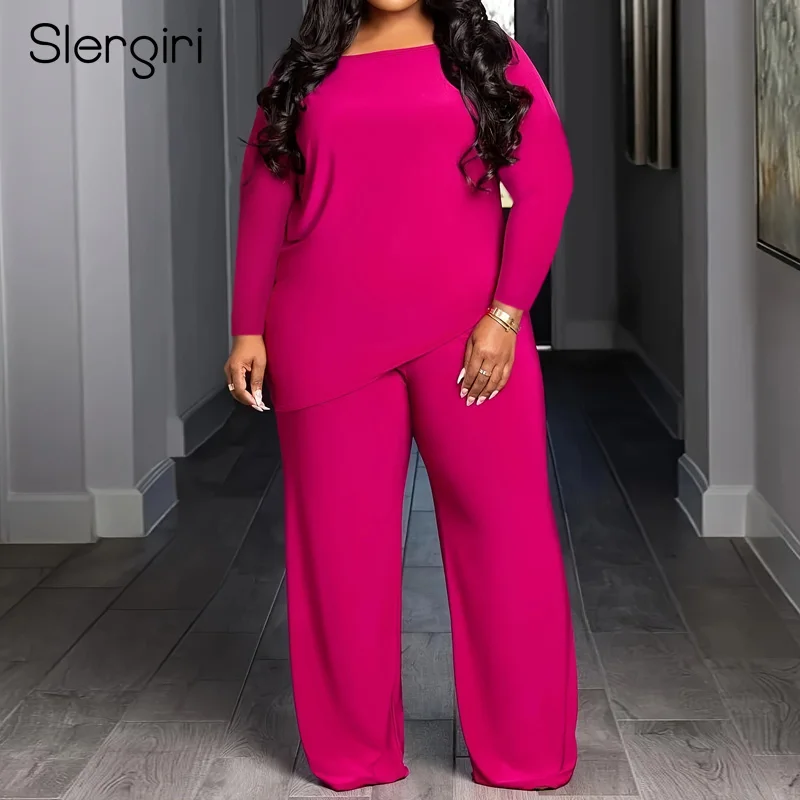

Slergiri Women's Plus Size Matching Pants Set 2025 Spring Autumn Long Sleeve Asymmetrical Hem Top with Trousers Woman Outfits