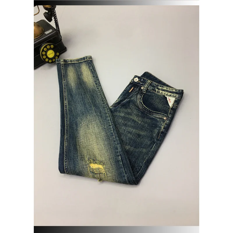 

Retro ripped jeans for men, trendy and versatile, slim fit, small straight tube, scraped patch, American style distressed pants