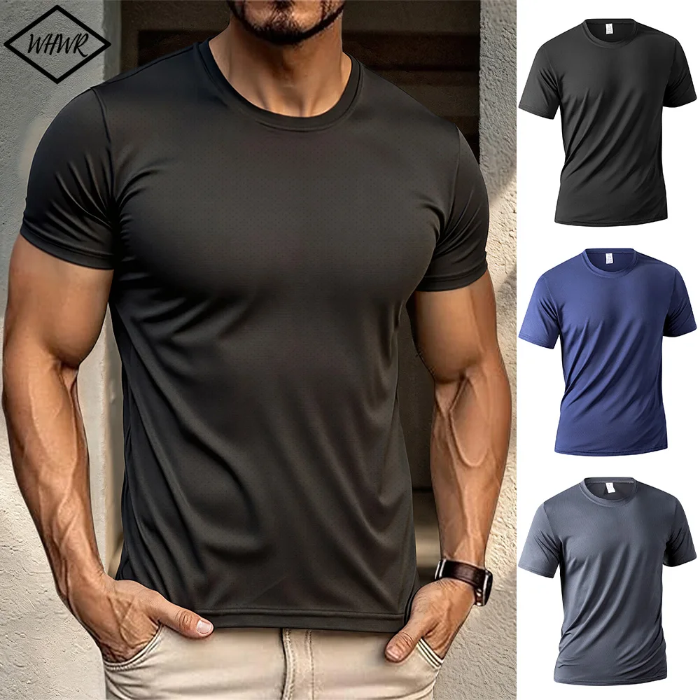 

Мужская футболка с круглым вырезом, быстросохнущая, влагоотводящая, с коротким рукавом, для тренажерного зала, бега, тренировок, спортивная, легкая