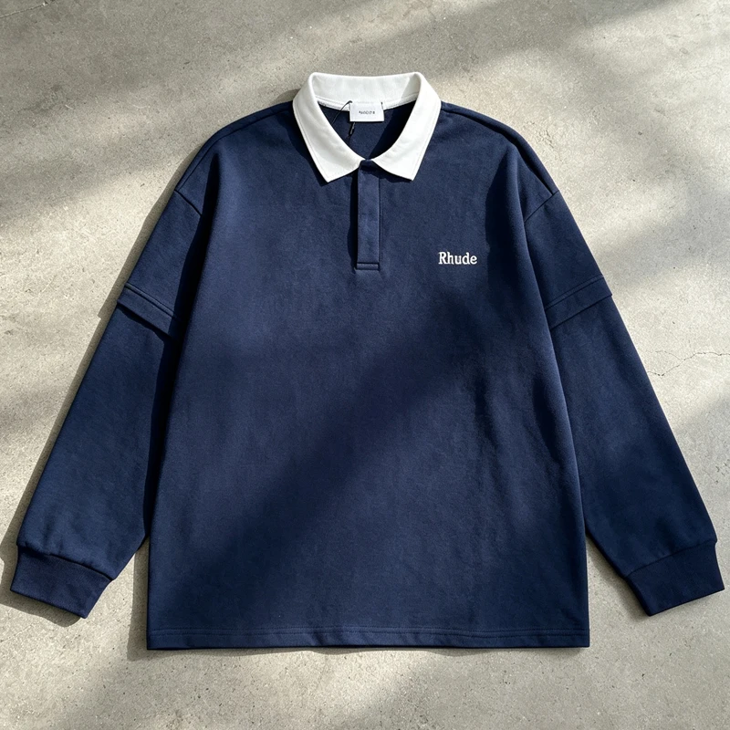 New Arrivals Rhude Long Sleeve Embroidery Polo Shirt Streetwear Splicing Fashion Lapel Sweatshirt Loose Casual T-Shirt