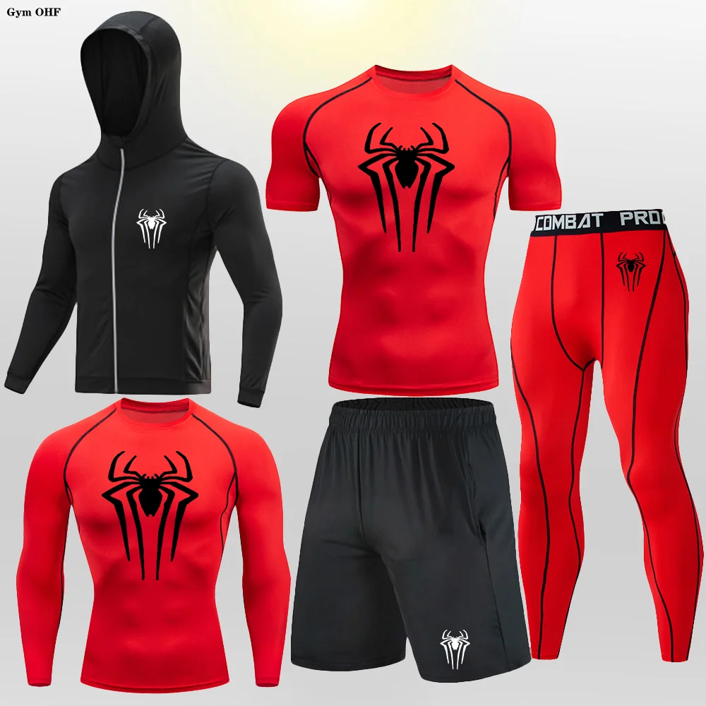 Camiseta de correr de verano para hombre, conjunto de 5 piezas, Berserk impreso, conjunto de compresión de secado rápido, Leggings de Fitness, traje ajustado Rashgard MMA