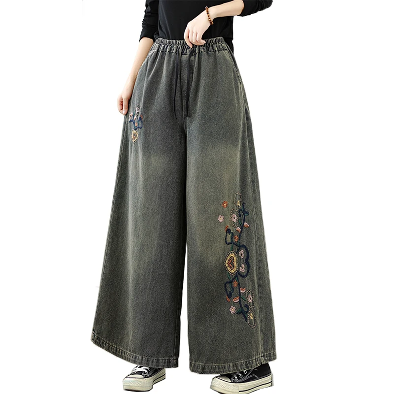 Retro Heavy Embroidery Soft Denim Wide Leg Pants Casual Loose Fit High Waist Cotton Polyester Blend Four Season Wear