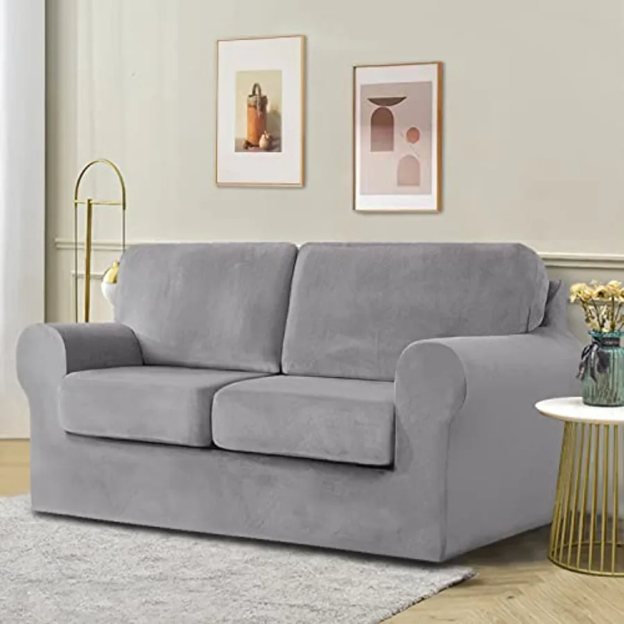 

5 Pieces Velvet High Stretch Sofa Covers for 2 Cushion Couch Sofa Slipcovers, Washable Furniture Protector with Drawstring Anti