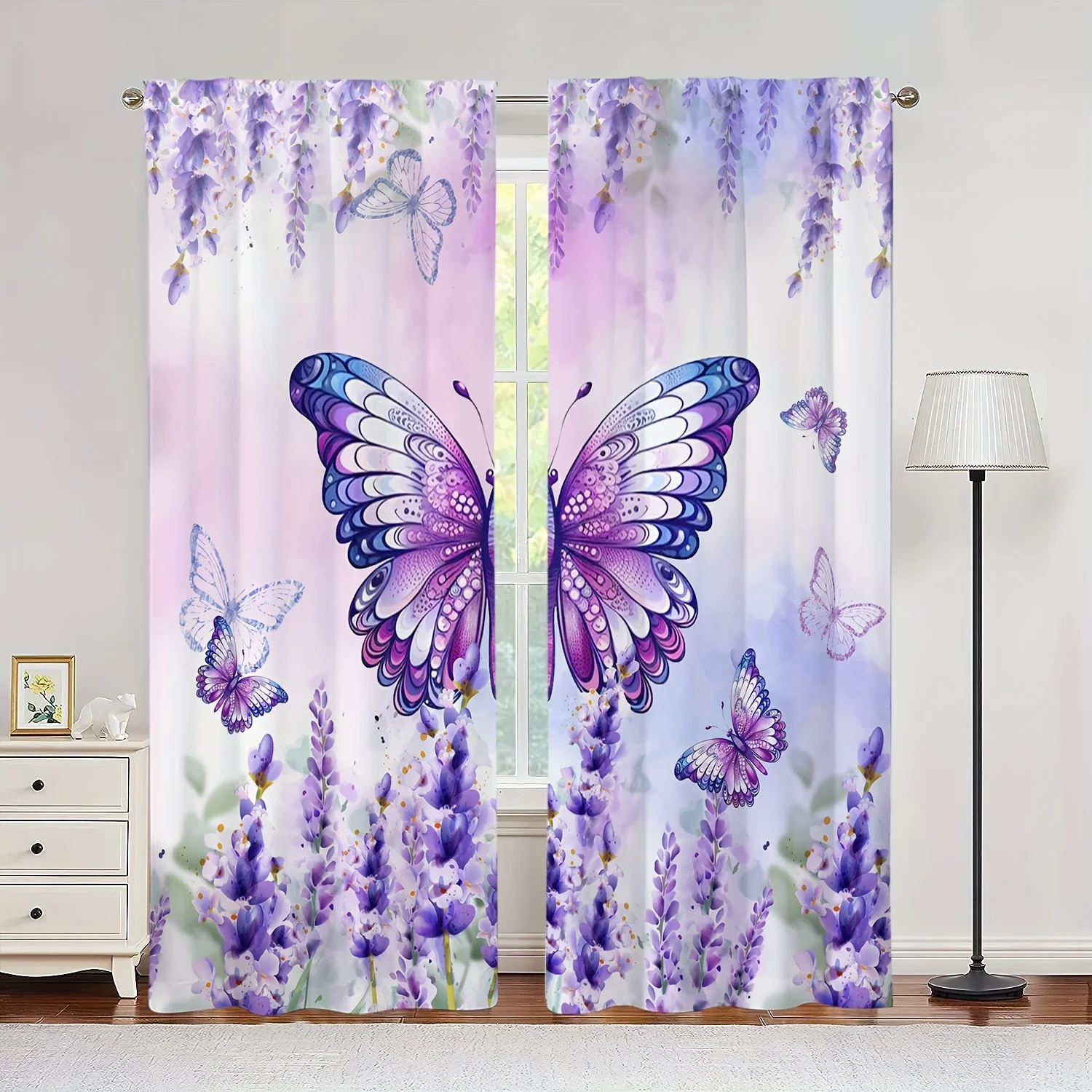 2pcs Fashionable Romantic Butterflies Pattern Curtain, Curtain Rod Pocket Window Curtains For Living Room Bedroom Room Decor