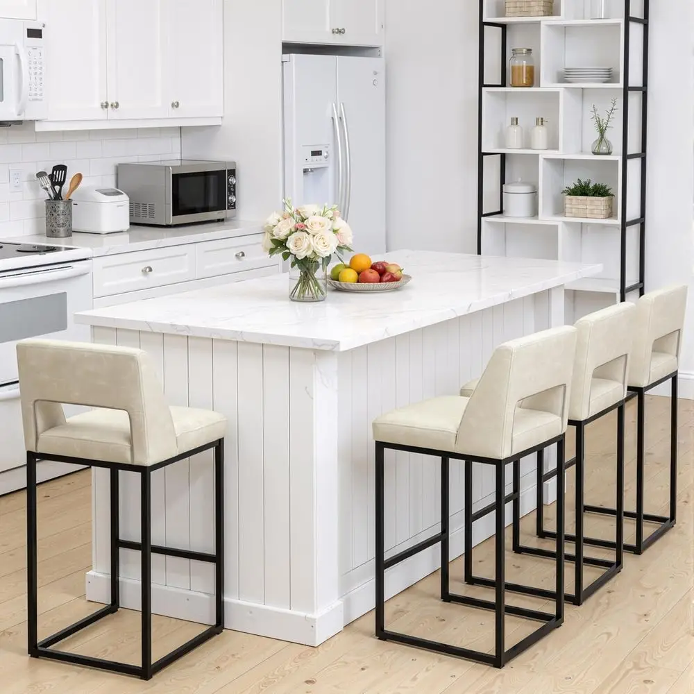 

Set of 4 Counter Height Bar Stools with Upholstered Leather Seats and Metal Bases, Beige