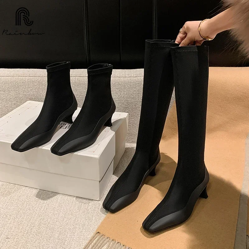 

RAINBOW Size 34-42 Designer new Stretch Ladies Ankle Boots knee high Square Toe Heel Casual Autum Winter Women Shoes soft Mujer