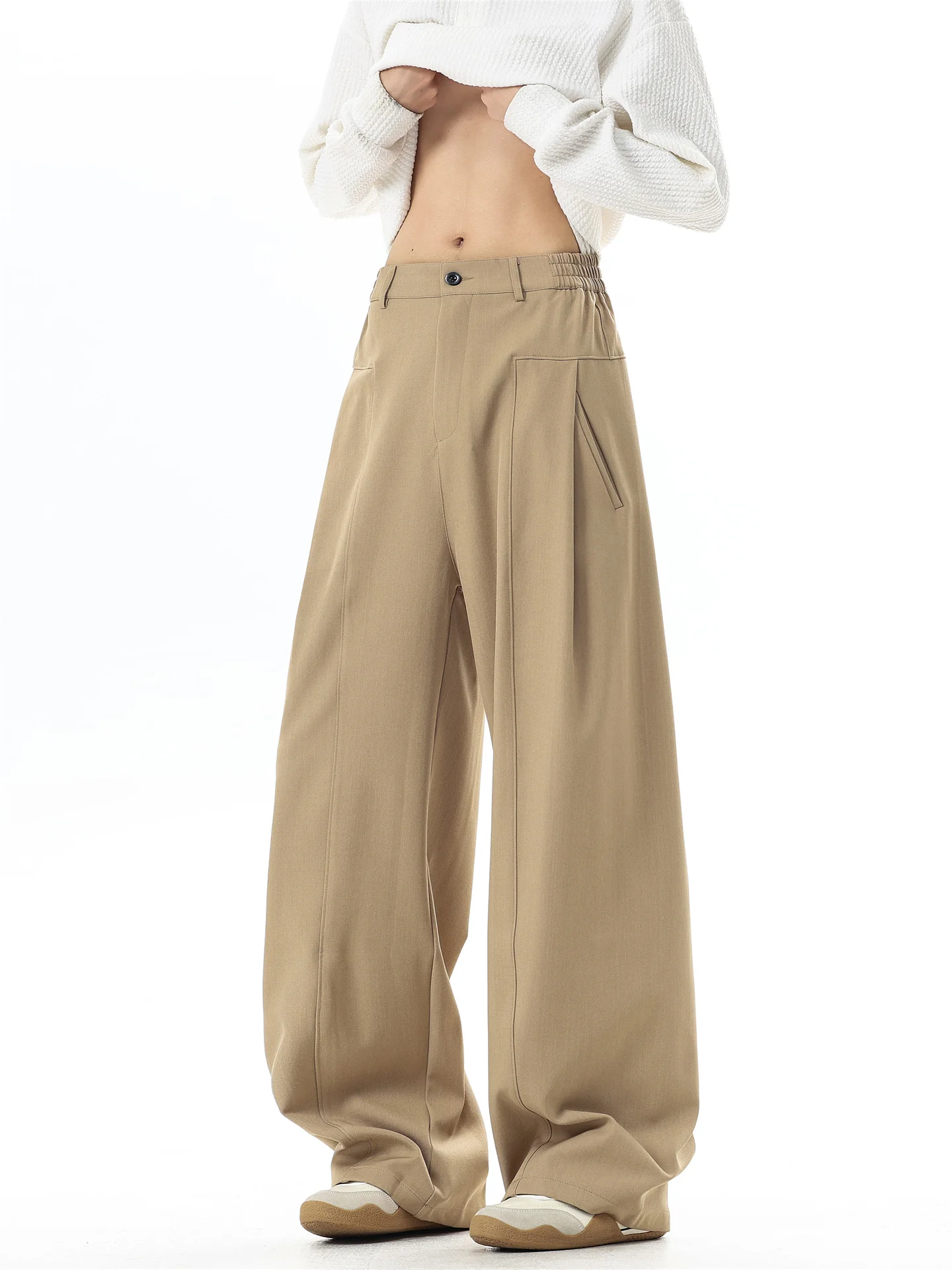 

Khaki Wide Leg Men's Casual Pants Loose Fit Pleated Design Slimming Drapey Casual West Pants Cleanfit Youthful Summer Trousers