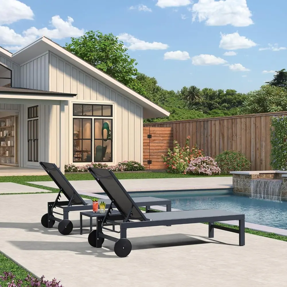 with Wheels Pool Lounge Chairs Set o 4 ade-Resistant Patio Chaise Lounge with 5 Position Recliner Includes Side Table or Deck Ya view 3