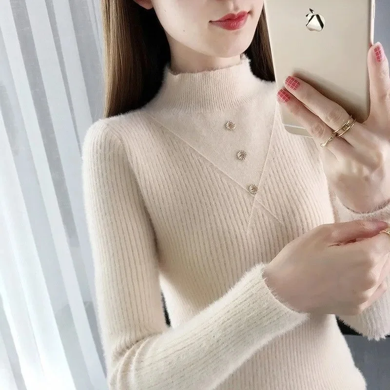 2023 New Turtleneck Jumper Woman Knitted Blouses Fashion Ladies Sweaters Winter Thermal Striped Long Sleeve Autumn Warm Tops