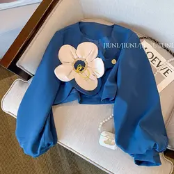 2023 Blue Short Flower Coat For Women's Spring And Autumn 2023 New Fashion Casual Design Long Sleeve Top