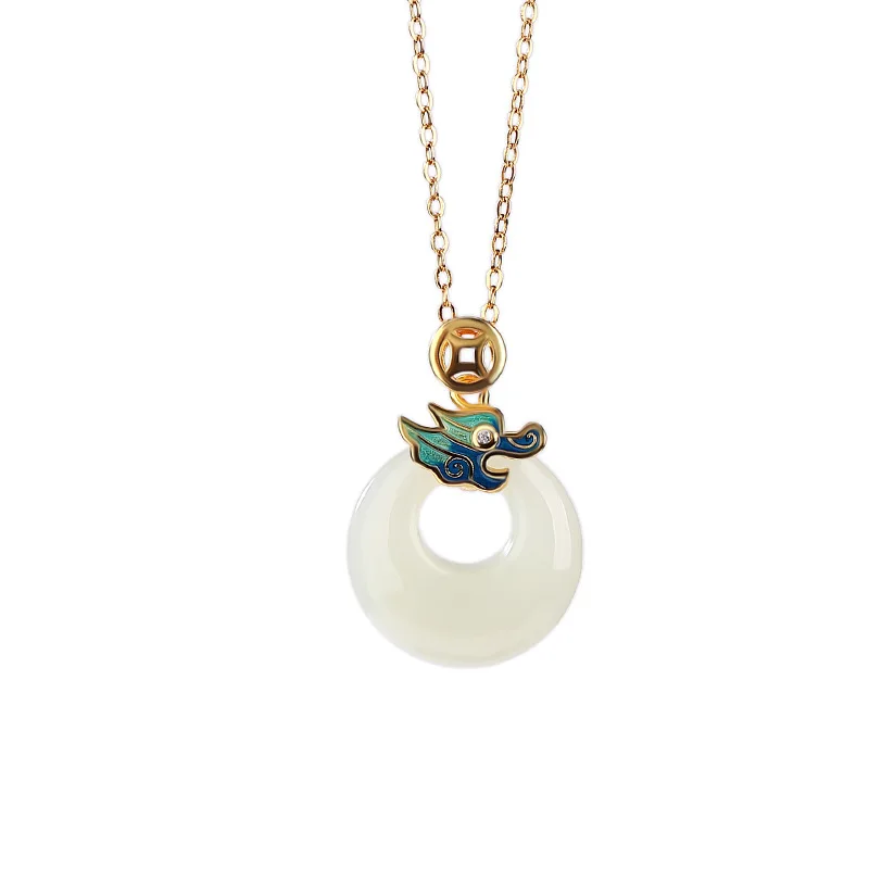 S925 sterling silver gold-plated Hetian jade enamel auspicious coin peace pendant