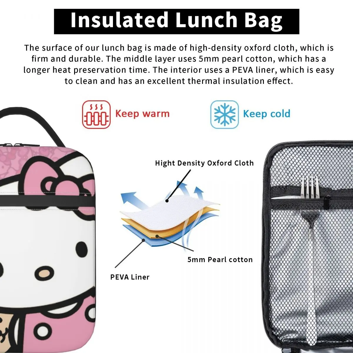 Cute Hello Kitty A Friend To All Insulated Lunch Bag Cooler Bag contenitore per pasti Tote Lunch Box ad alta capacità sacchetti per la conservazione