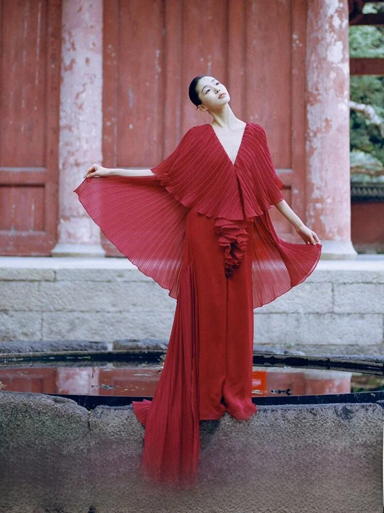 

Morning Robe Women Bride Deep V Ne Large Skirt High End Red Light Wedding Dr Ceremony Ball Gown Pleated Dr