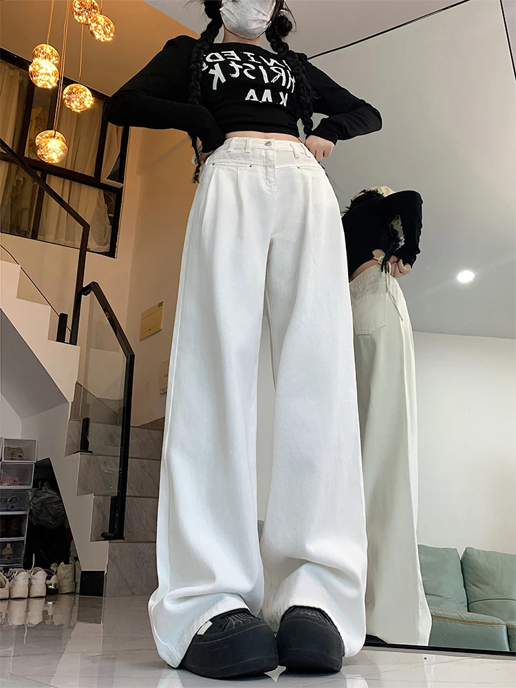 

Женские джинсы с высокой талией и широкими штанинами, весенне-осенние, белые, свободные, прямые, в пол, с эффектом похудения