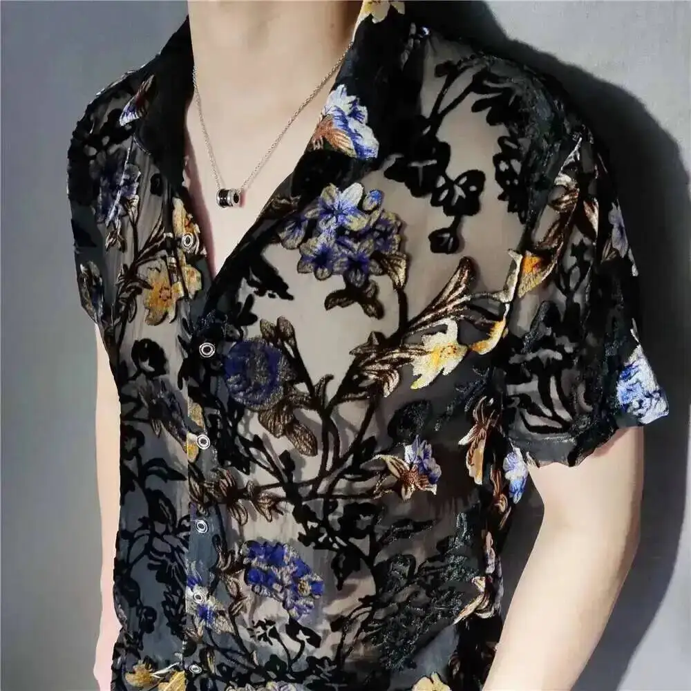 See Through Colorful Flowers Pattern Velvet Shirt Men Transparent Short Sleeve Sexy Shirt Social Club Outfits Party Men Shirt