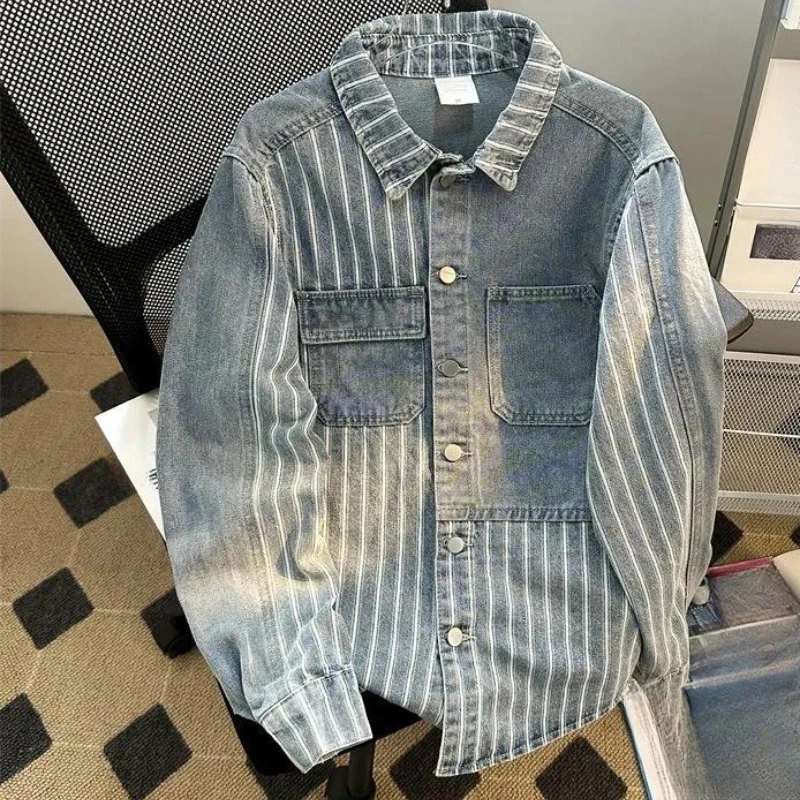 2026 Men's Washed Striped Spliced Denim Jacket Loose Fit Spring Streetwear  Inspired High Quality Casual Outerwear