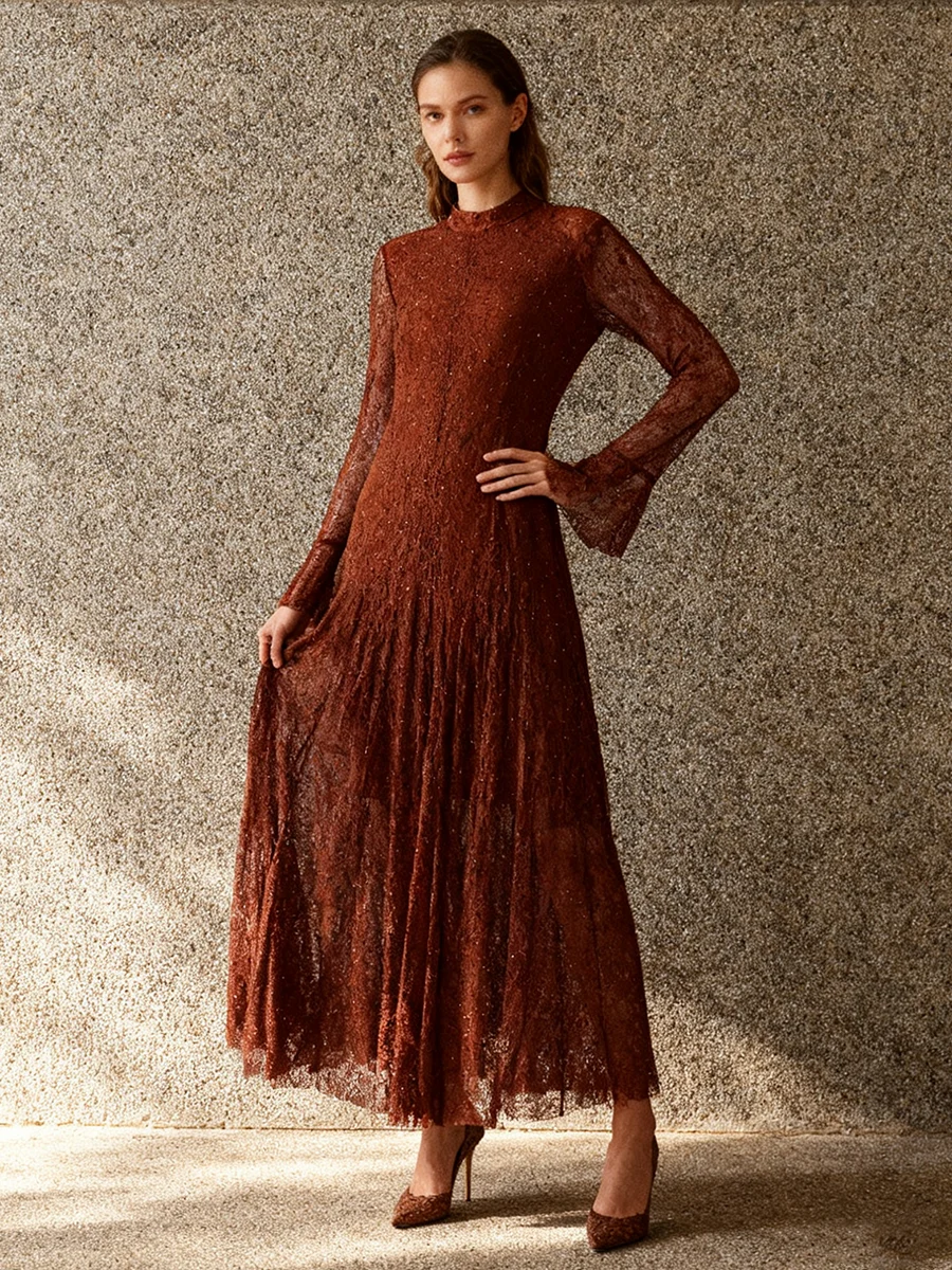 TWOTWINSTYLE Afslanken Sheer Spliced Lace Elegante Jurken voor Vrouwen O Hals Lange Mouwen Patchwork Hot Fix Mode Jurk Vrouwelijke