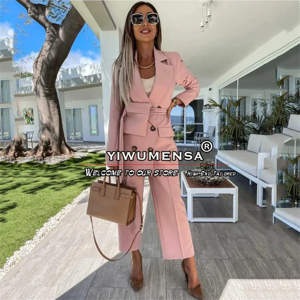 

Pink Women Tuxedos Holiday Leisure Double Breasted Mother of the Bride Pants Suits Prom Evening Guest Wedding Blazer Wear 2 Pcs