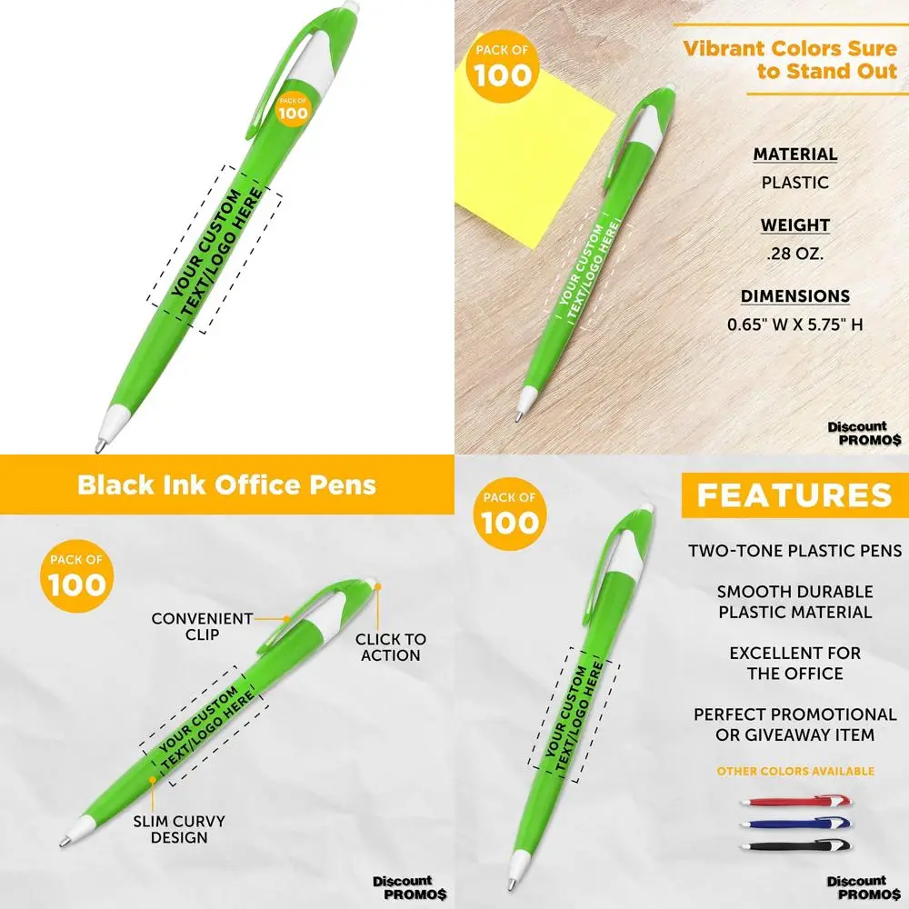 

Two-Tone Customizable Plastic Pens Set of 100 with Personalized Bulk Packaging - Black Ink, Ideal for Offices, Schools, Business