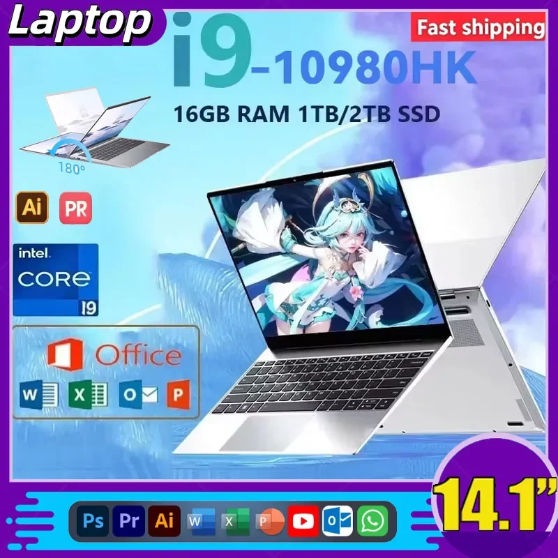 14.1 Inch Laptop Intel Core I9 10980HK Windows 11 Pro 32GB DDR4 2TB SSD Gaming Laptop Office PC Gamer Portable Notebook Computer