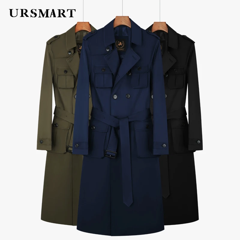 

men's trench coat long knee length fashion multiple pockets double breasted split back British thick inner classhic windbreaker