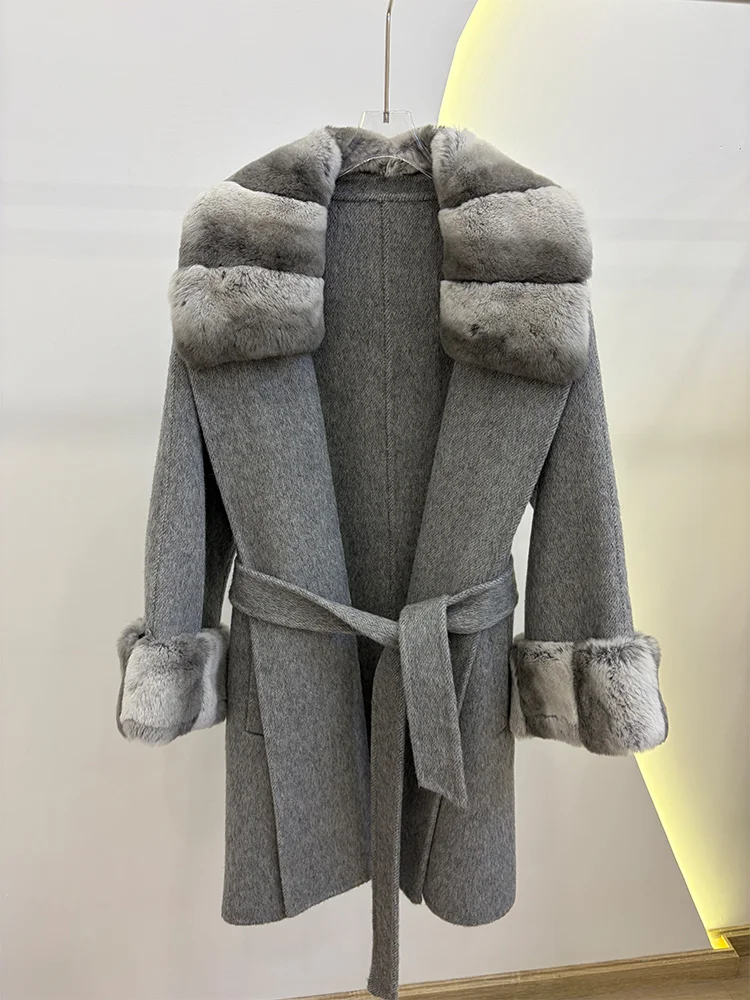 Autumn Winter Real Fur Coat Jacket Women Natural Rex Rabbit Fur Collar Cashmere Wool Woolen Outerwear Mid-length Female Coat
