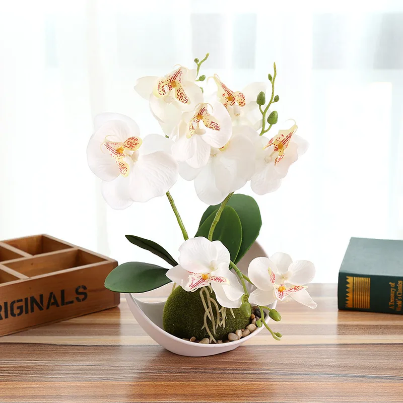 Orchidée Artificielle Phalaenopsis 13 Fleurs En Pot - 50 Cm Rose Avec Vase Design Blanc & Violet - Faux Fleur Décoration Intérieur