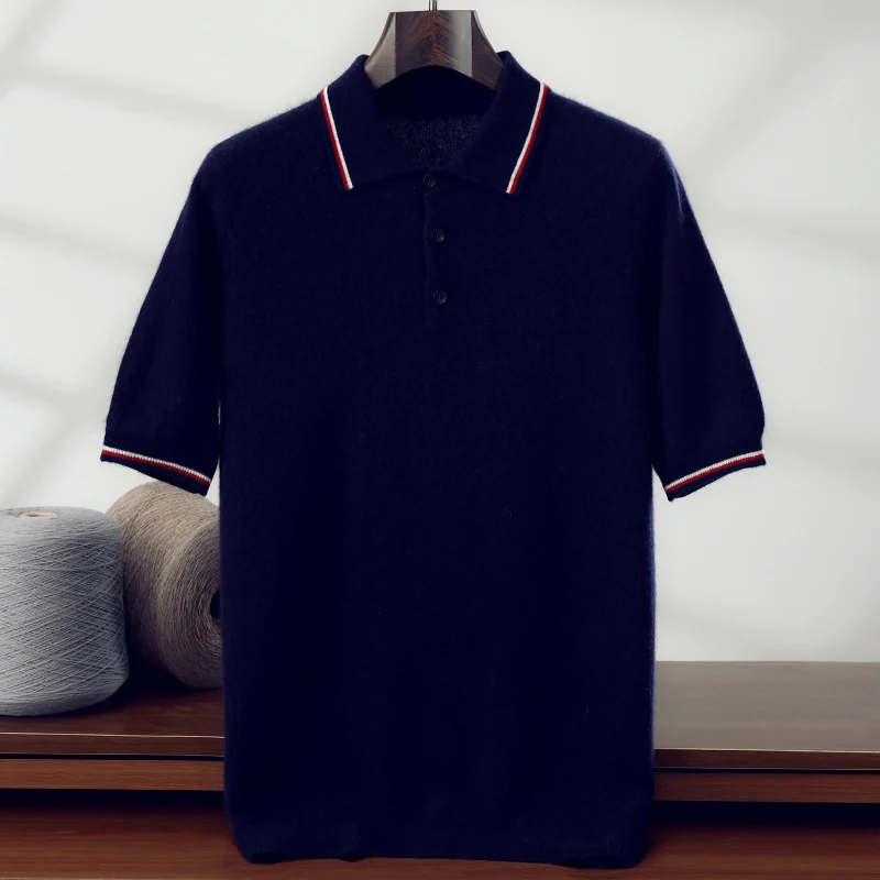 Spring Summer New Men's POLO Collar Knitted Short Sleeved 100% Cashmere T-Shirt Sweater Business Casual Loose Men's Tops Jumper