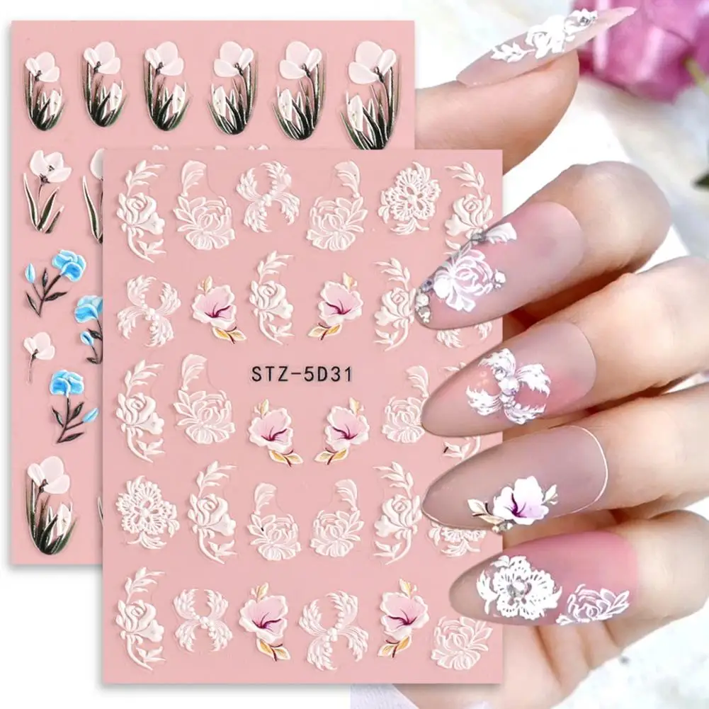 

Embossed Nail Sticker Flower Decal DIY Nail Art Decoration Spring Summer Flower Nail Decoration Sticker Supplies