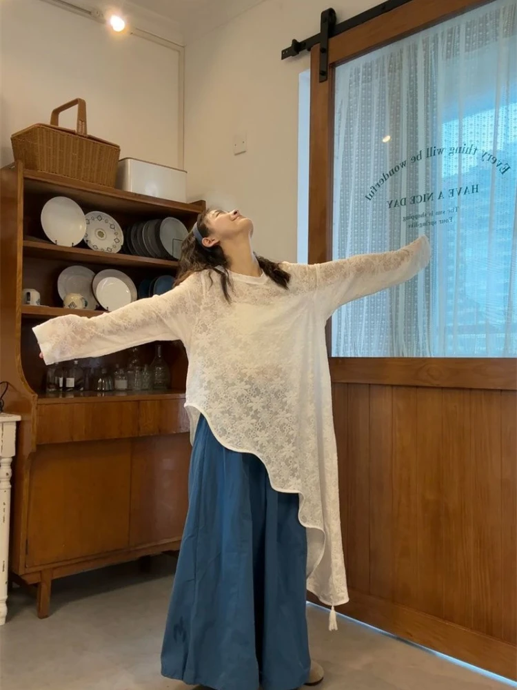 Robe femmes à manches longues Vintage mince voir à travers Robe coréenne Femme 2025 robes De Mujer ample Simple robes d'été irrégulières