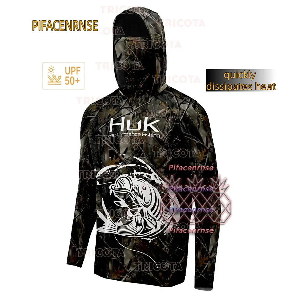 

HUK Fishing Shirts Camouflage Sun Protection Breathable Fishing Clothing Men Moisture Wicking Quick Dry Fishing Hooded Mask Tops