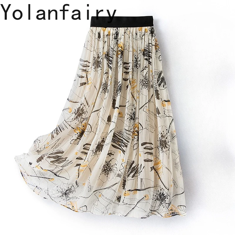 YOLANFAIRY 100% Real Mulberry Silk Skirts for Women Summer Elegant Holiday Bohemia Skirt Elastic Waist Fashion Skirts Long 2026