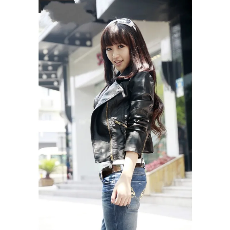 신상 자켓 봄 가을 여성용 PU 가죽 자켓 짧은 패션 슬림 블랙 PU 소형 코트 커프스 지퍼 디자인 여성 코트 S-3XL