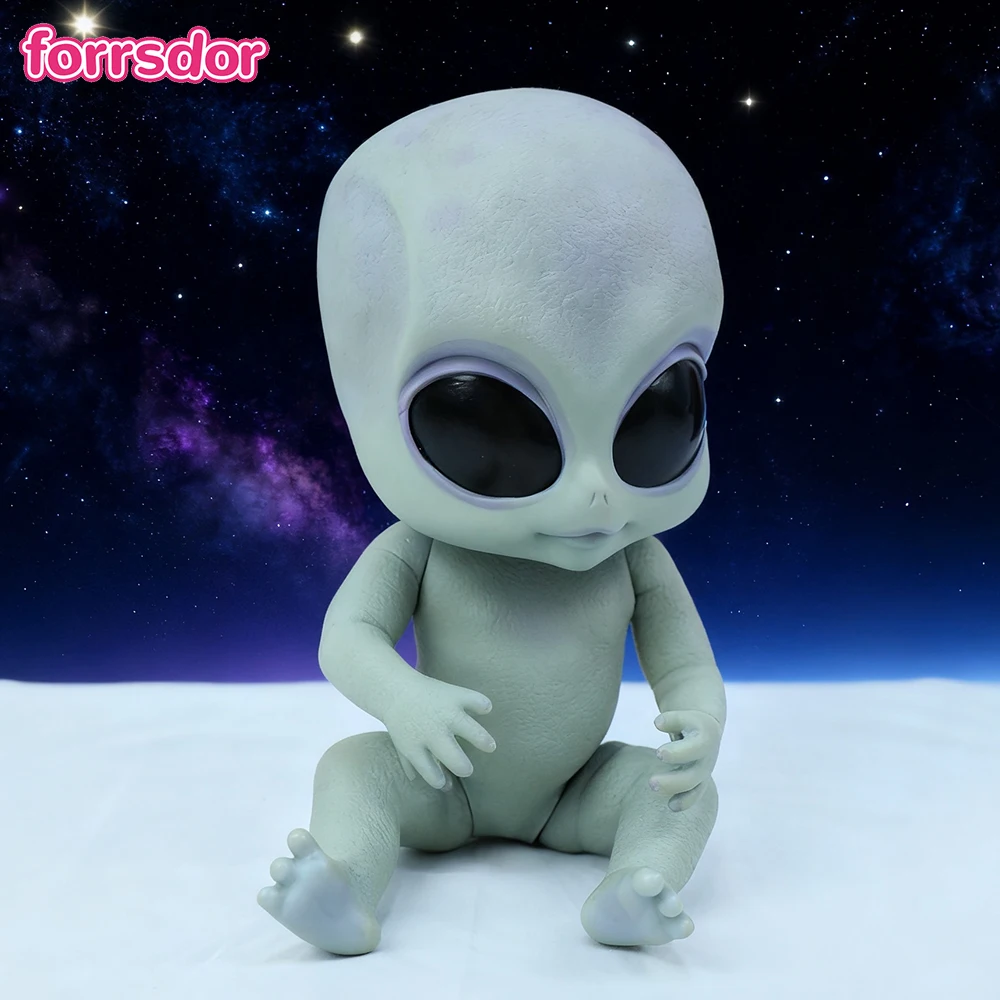 14 polegadas reborn poseable vinil duro alienígena estatueta boneca prata vinil duro colecionável com estilo filme detalhando olhos grandes