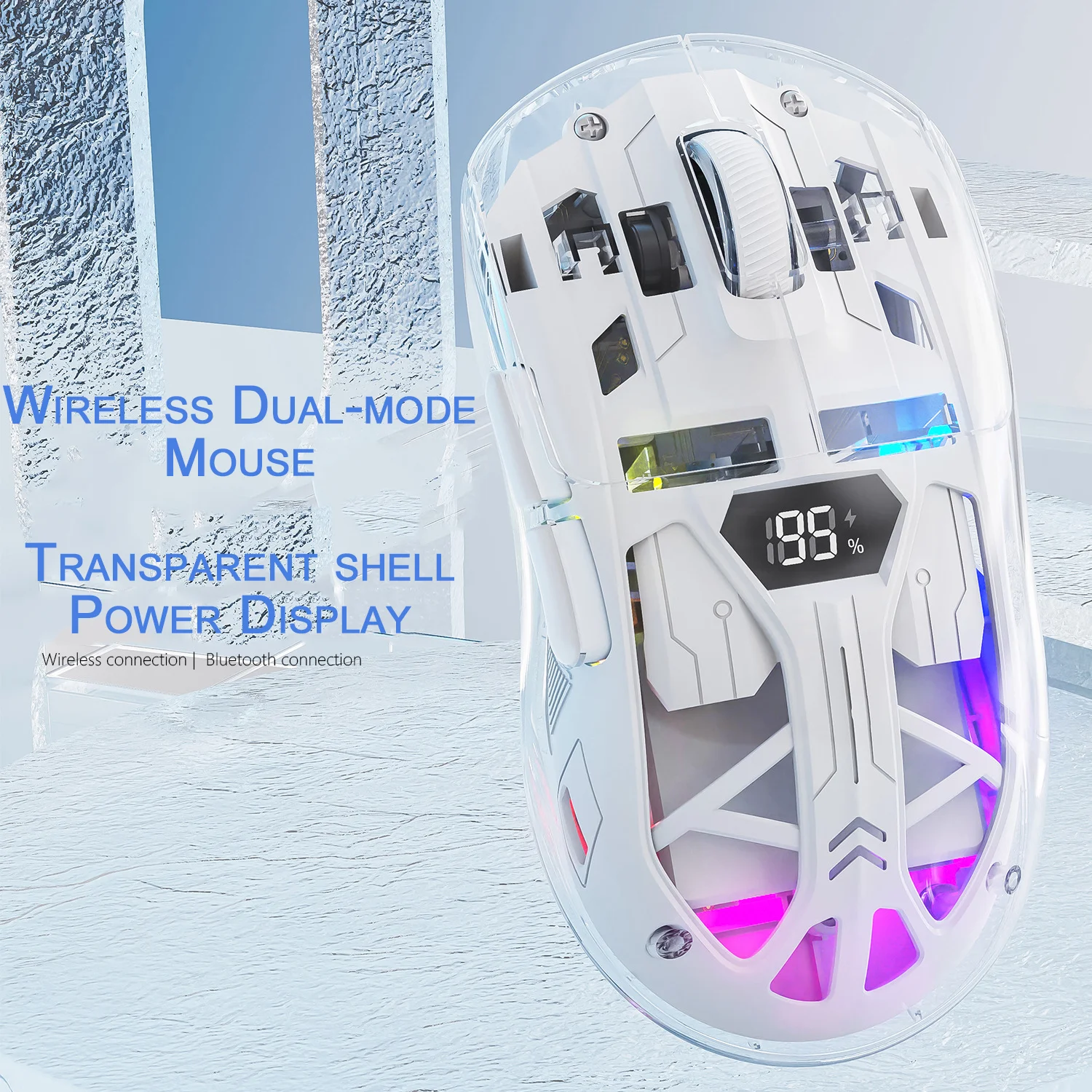 Wireless Bluetooth Dual-mode Mouse Transparent RGB Lights 4000 DPI Adjustable Rechargeable Power Display Mause Office Or Game