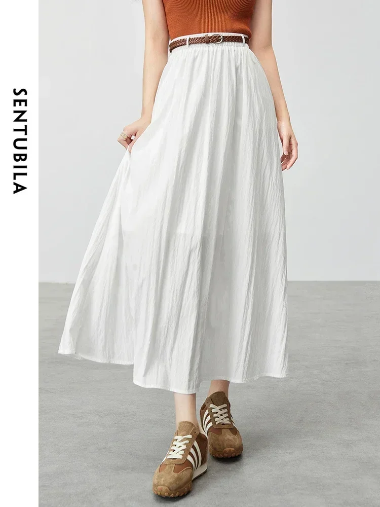 SENTUBILA A-line White Skirt Women 2025 Spring Casual Loose Elastic High Waist Long Skirt with Belt Woman Clothes W43Q56026