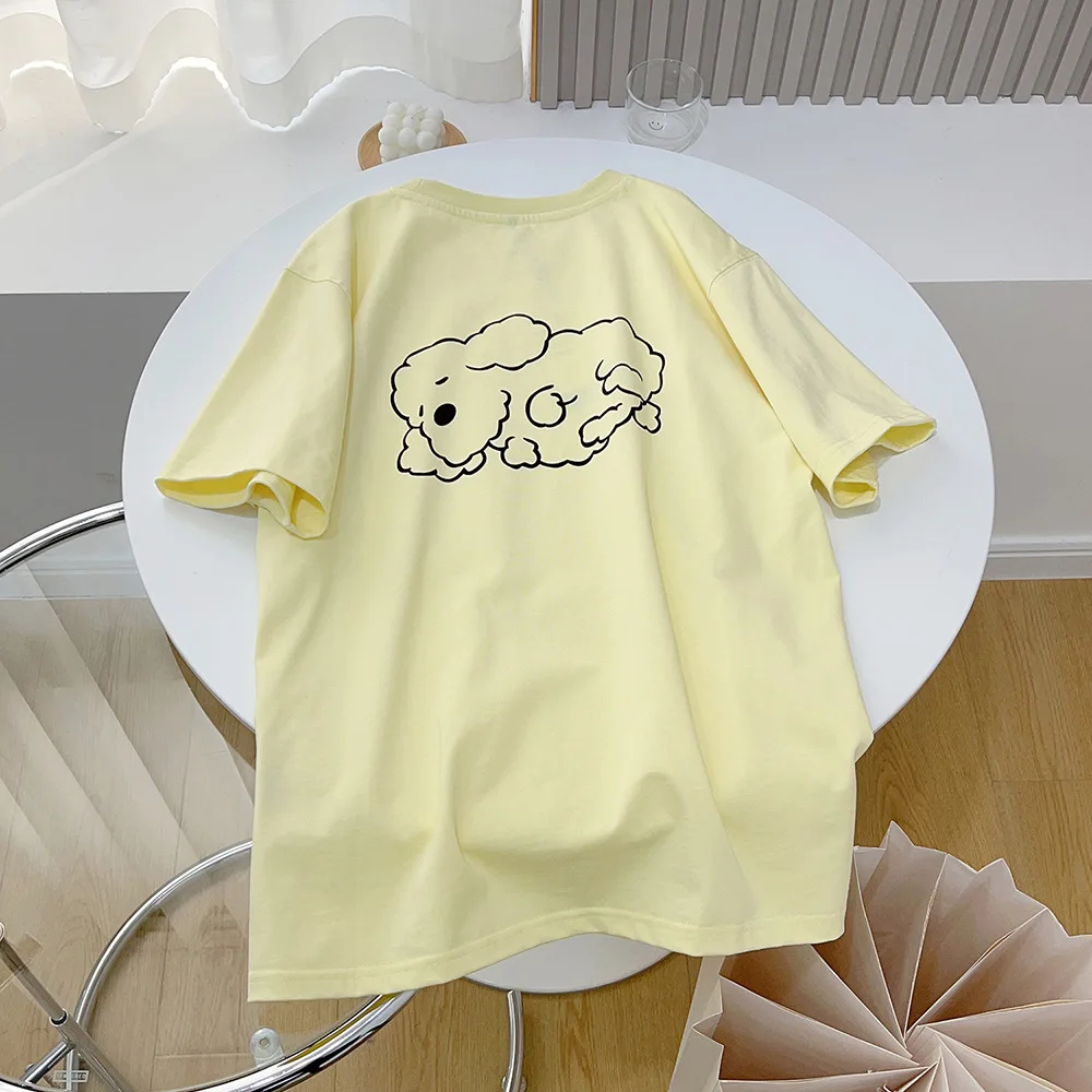  Error Puppy Print Milky Yellow Short sleeve T-shirt Women 2023 Summer New Loose Cotton COUPLE'S