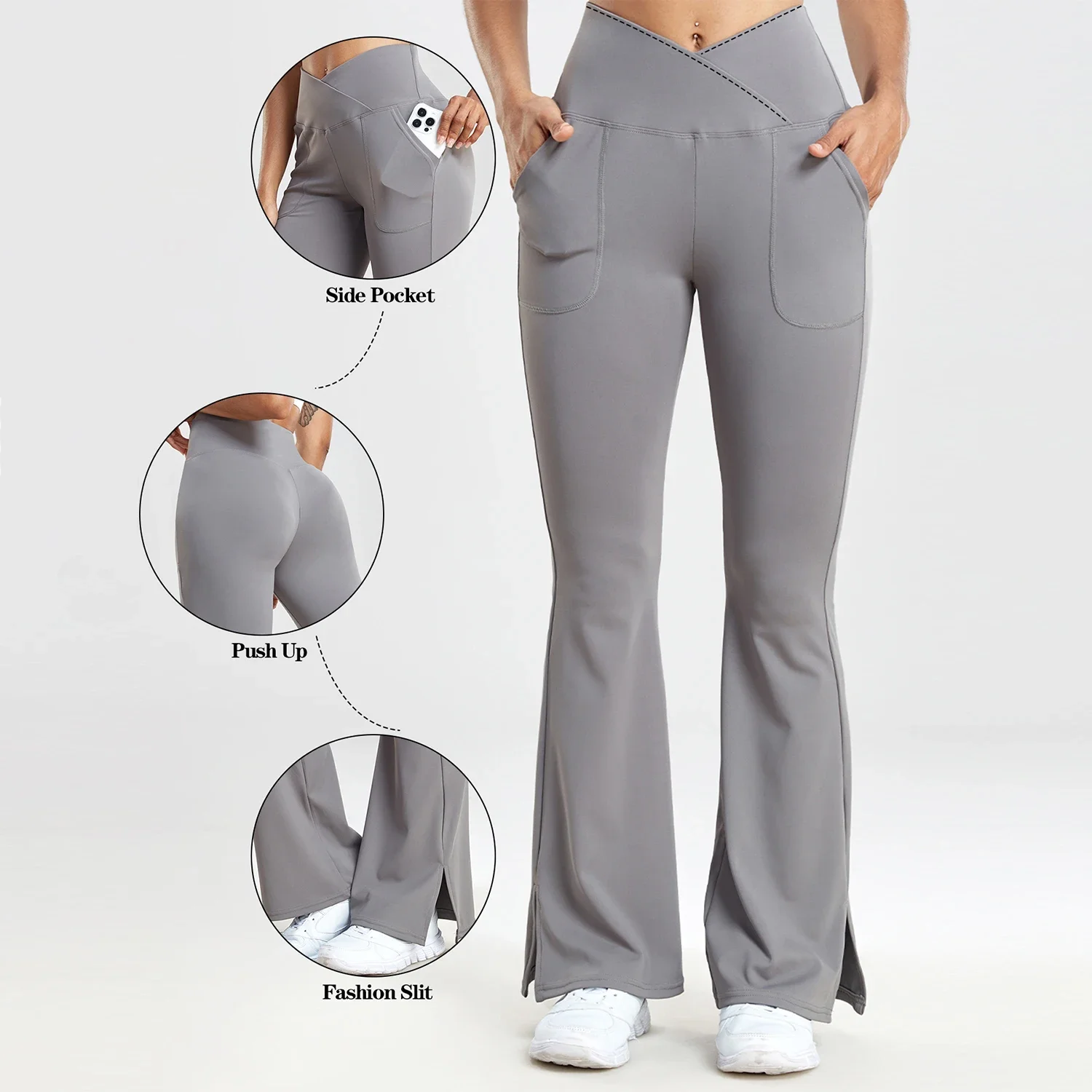 

Women Casual Solid V-Waist Pocket Side Vent Flared Leggings Slim Fit Fashion Streetwear Lady Pants